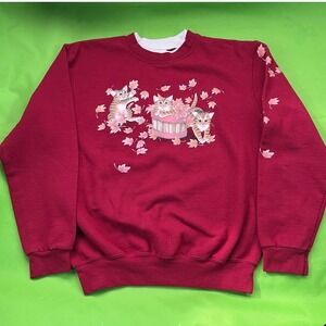 Medium Vtg 90s Crewneck Sweatshirt Cute Cats Autumn Leaves Graphic Print Red